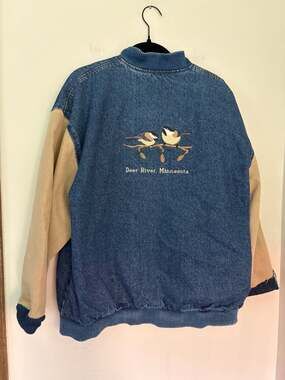 Three Rivers Vintage Denim Embroidered Minnesota Bird Varsity Bomber Jacket Sz M
